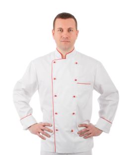 Куртка шеф-повара белая мужская с длинным рукавом на манжете отделка красный кант Размер 52 [00002]