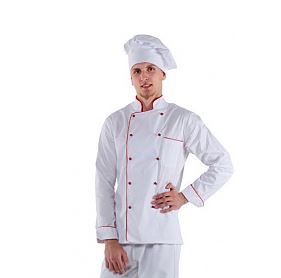 Куртка шеф-повара белая мужская с длинным рукавом на манжете (отделка красный кант) (Размер 48)