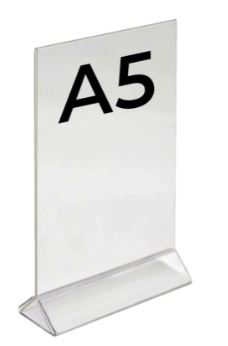 Табличка 150*210 мм. А5 пласт. вертикал. прозрач. тейбл тент на пласт. подставке (1 мм) /1/