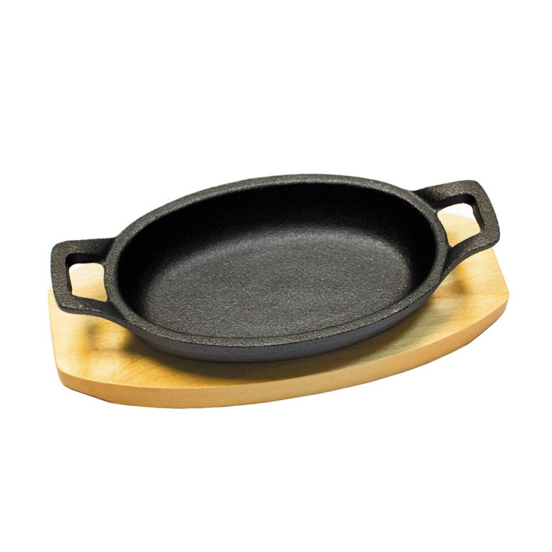 Чугунная сковорода на деревянной подставке, 17*12 см