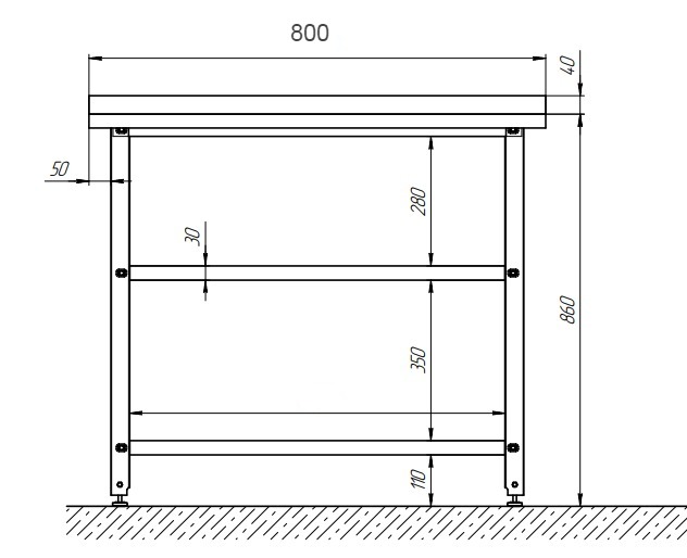 Стол производственный СПРн - 800*700*860 "Norma Zn", борт сзади и слева (полка сплош; ножка углов)