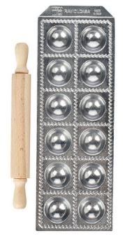 Форма д/равиоли со скалкой[12шт]; алюм.литой, дерево; D=37, H=15, L=330, B=115мм