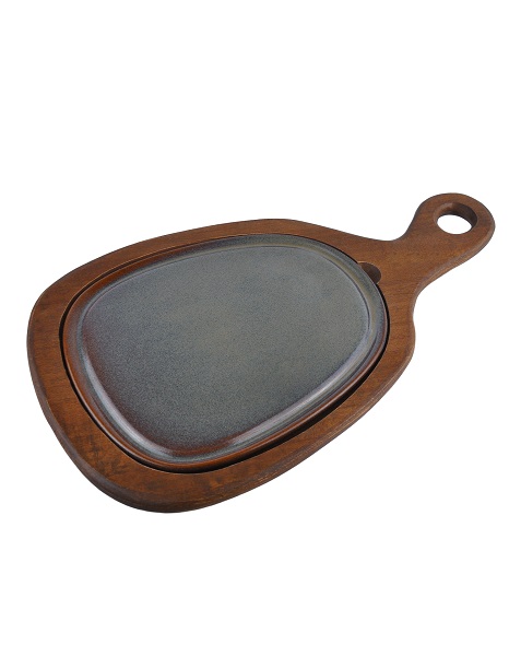 Блюдо для подачи 24,5*20,5 см. h=2,5 см. с ручкой на дерев. подставке, фарфор серия Глоир Bonna /1/6