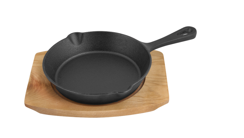 Сковорода порц. d=15 см. h=3,2 см. 0,4 л. чугун. на дерев подставке