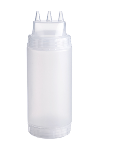 Емкость для соуса 500 мл. d=70 мм. h=200 мм. с 2 крышками 3 носика, широкая прозрачная, крышки прозр